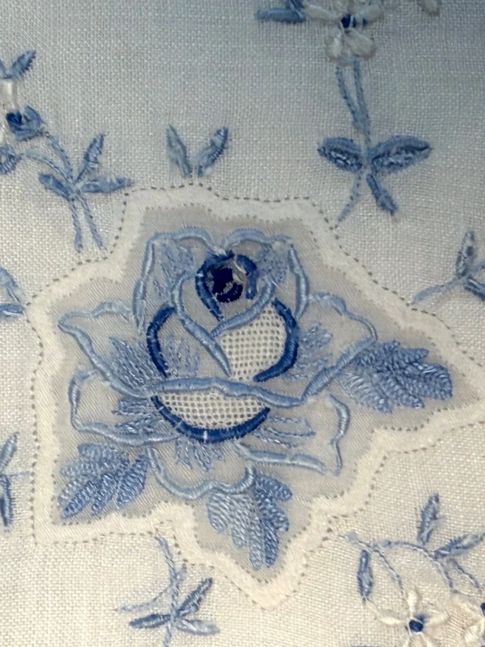 Vintage Bread Basket Liner Embroidered Blue Flowers